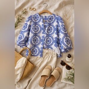 SHEIN Blue & White Embroidered Blouse Size L | Boho Floral Button Front Top